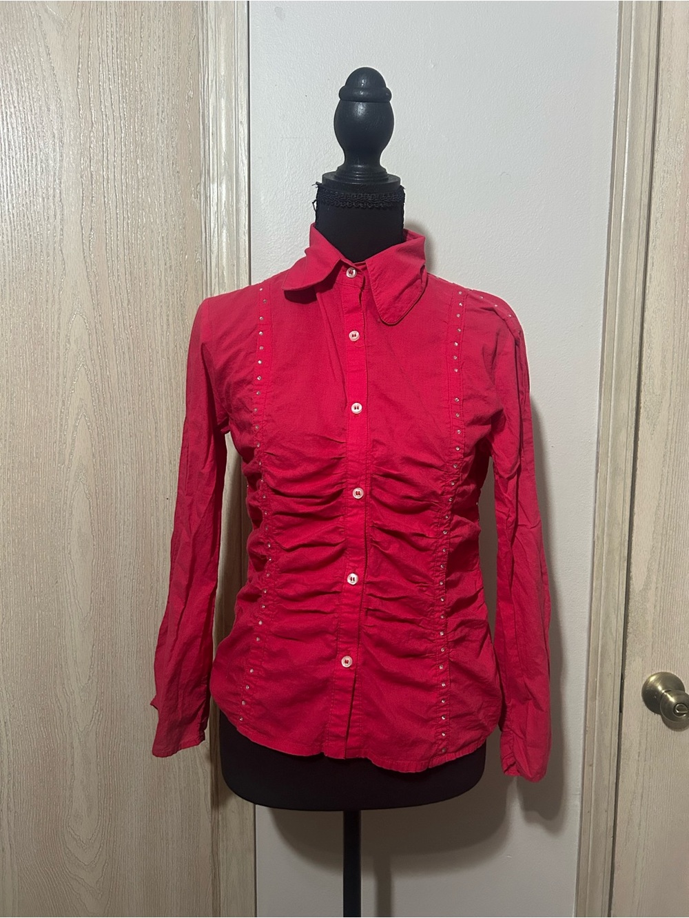 Volcom Red Ruched Button-Down Shirt